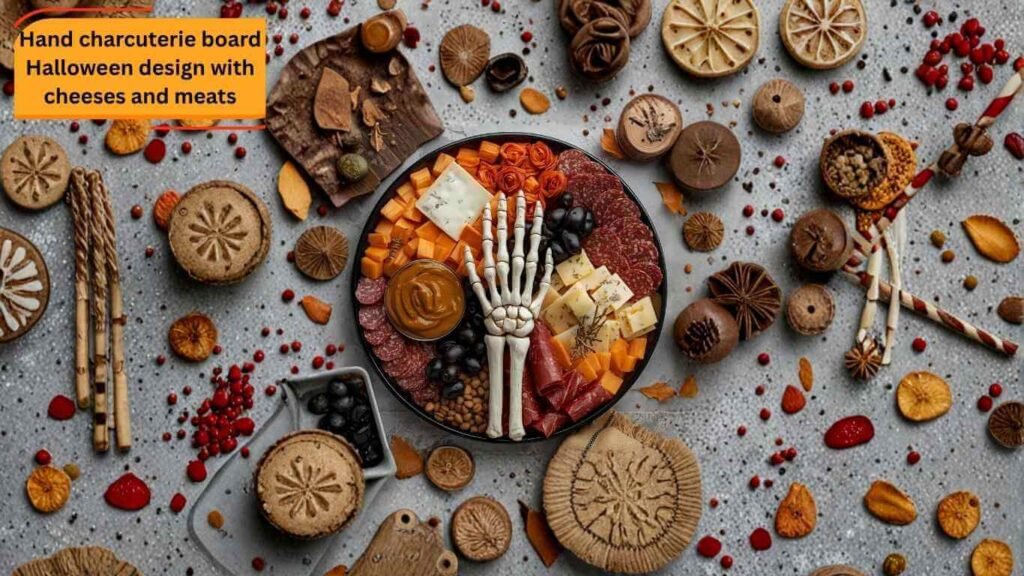 Hand charcuterie board Halloween design with cheeses and meats