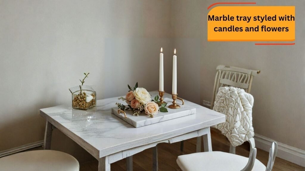 Marble tray styled with candles and flowers