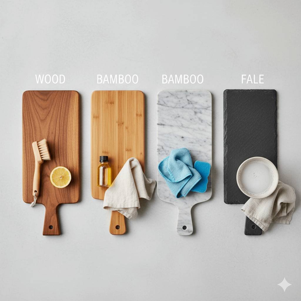 Types of charcuterie boards (wood, bamboo, marble, and slate)