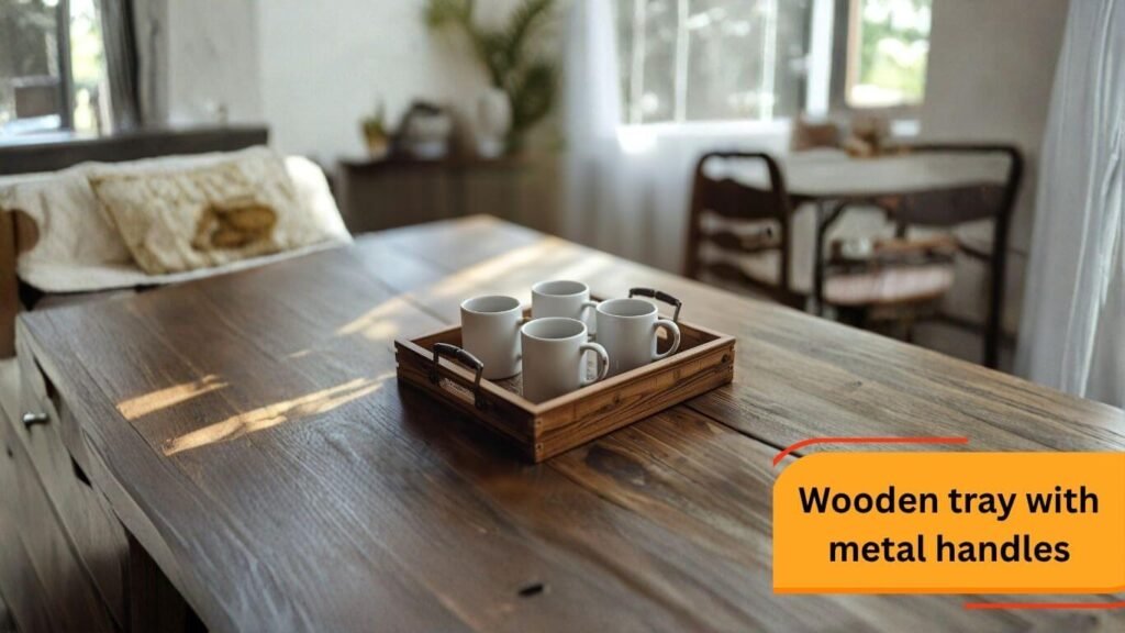 Wooden tray with metal handles