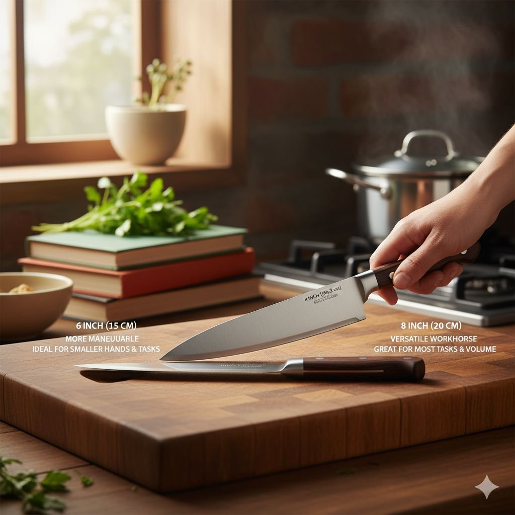 A cook holding a 6-inch and an 8-inch chef's knife to compare blade length and hand size for kitchen tasks