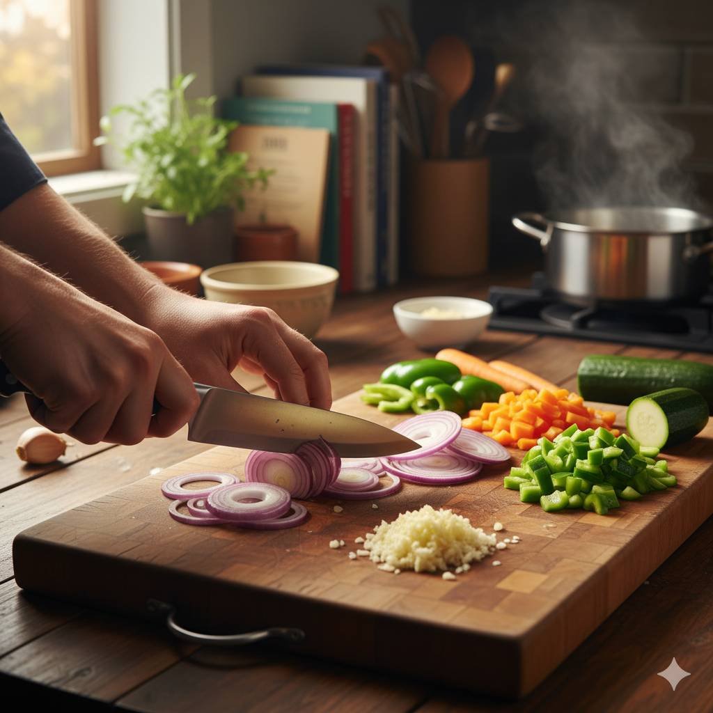 Anatomy of a chef's knife, with callouts labeling the stainless steel blade, curved blade shape, full tang construction, and ergonomic handle.