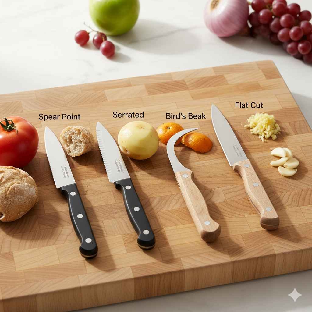 Four different types of paring knives, Spear Point, Serrated, Bird’s Beak, and Flat Cut, arranged on a wooden cutting board next to fresh tomatoes, ginger, and apples for comparison
