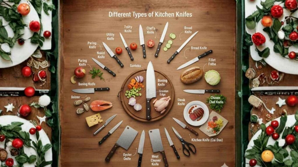 Different types of kitchen knives arranged with labels on a modern countertop, showing blade shapes and uses.