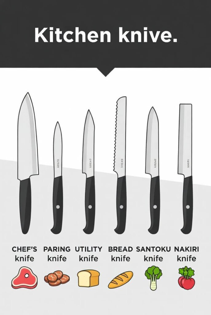 Kitchen knives comparison chart with icons, blade types, and ideal foods on a clean white background.