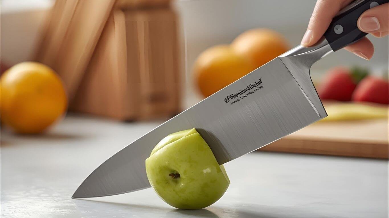 Stainless steel paring knife peeling and coring a fresh green apple on a kitchen countertop, with a wooden knife block, citrus fruits, strawberries, and cutting board in the background, illustrating precise kitchen prep for a food and culinary article about paring knife uses
