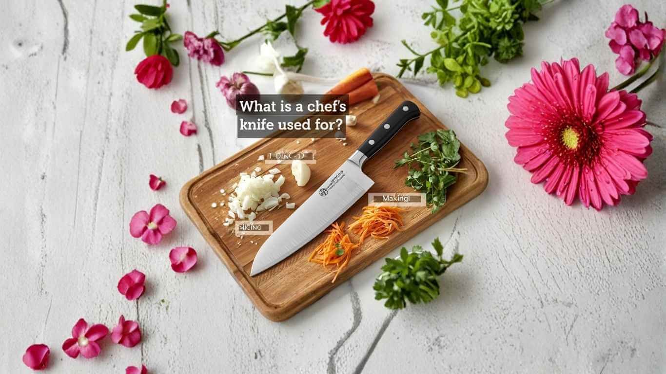 An 8-inch chef's knife on a wooden cutting board, with text callouts illustrating its uses: Slicing, Dicing, Chopping, and Mincing fresh vegetables