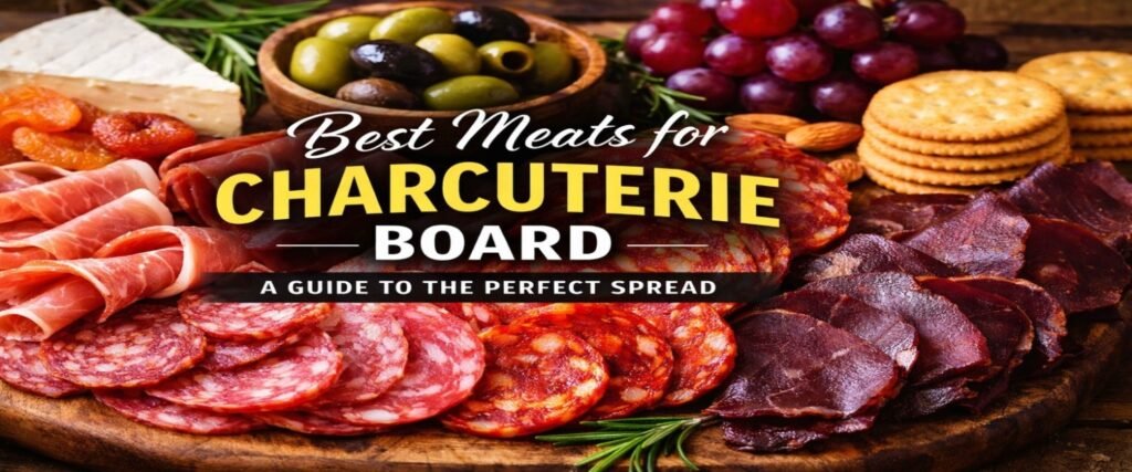 Best meats for charcuterie board featuring prosciutto, salami, chorizo, and bresaola with cheeses, olives, grapes, crackers, and nuts on a wooden board.