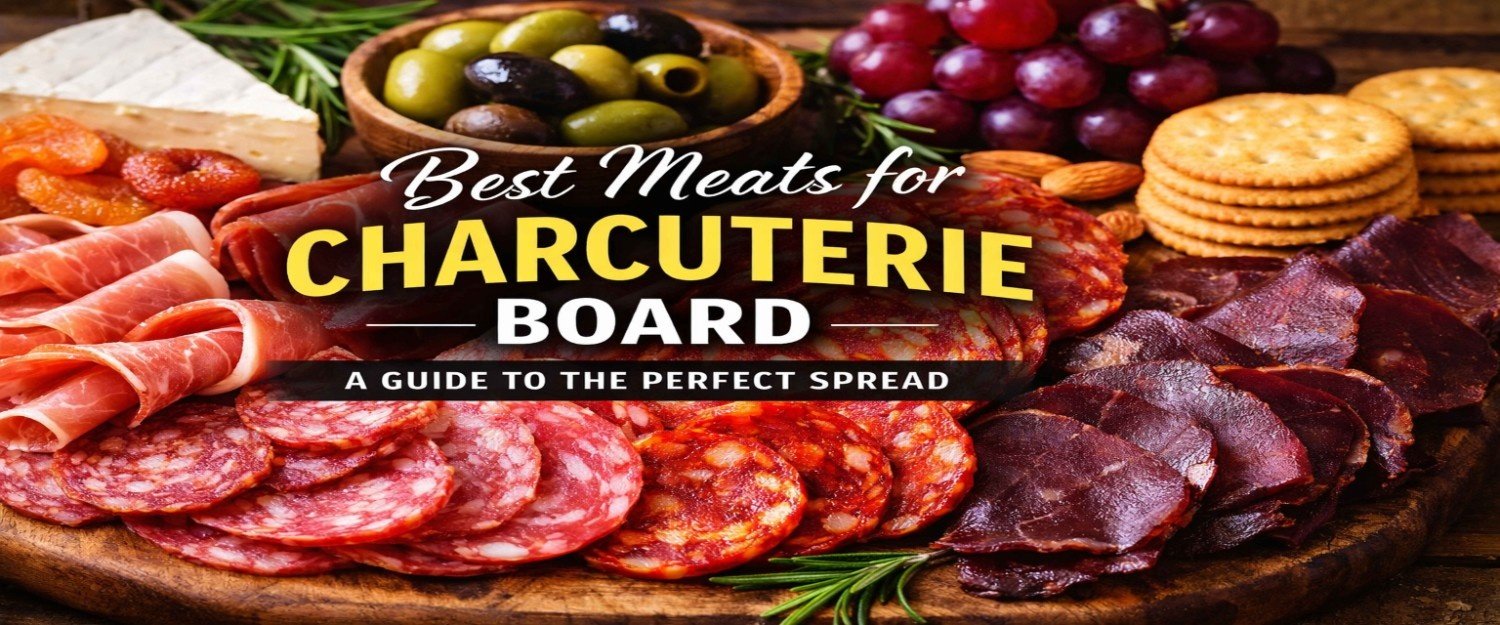 Best meats for charcuterie board featuring prosciutto, salami, chorizo, and bresaola with cheeses, olives, grapes, crackers, and nuts on a wooden board.