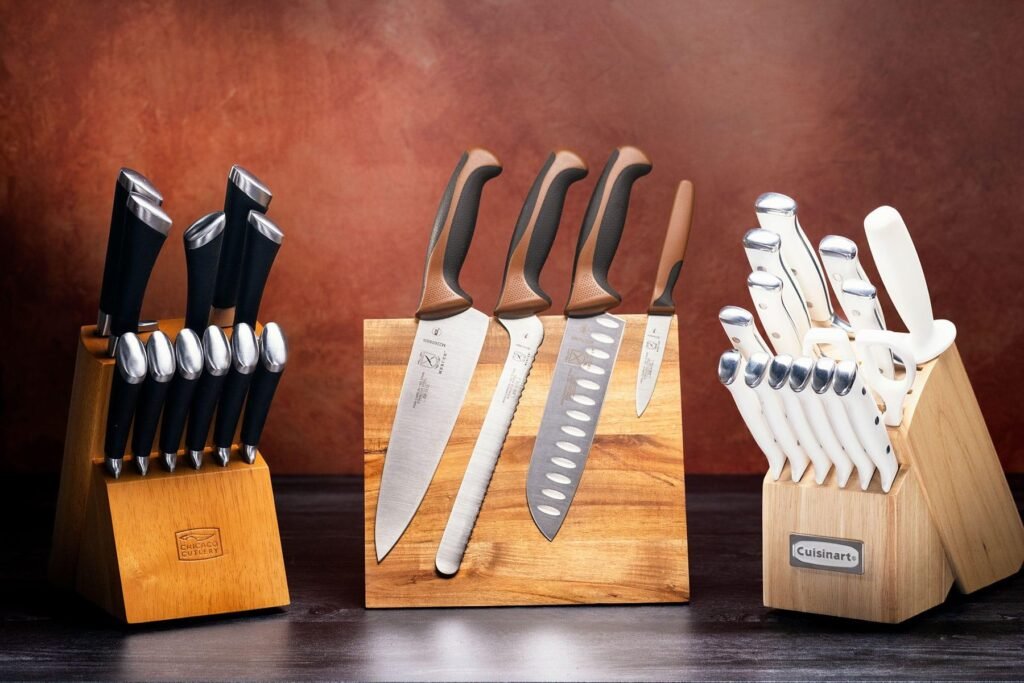 Side-by-side comparison of carbon steel and stainless steel chef knives on a wooden table with fresh vegetables, showing blade differences and kitchen use.