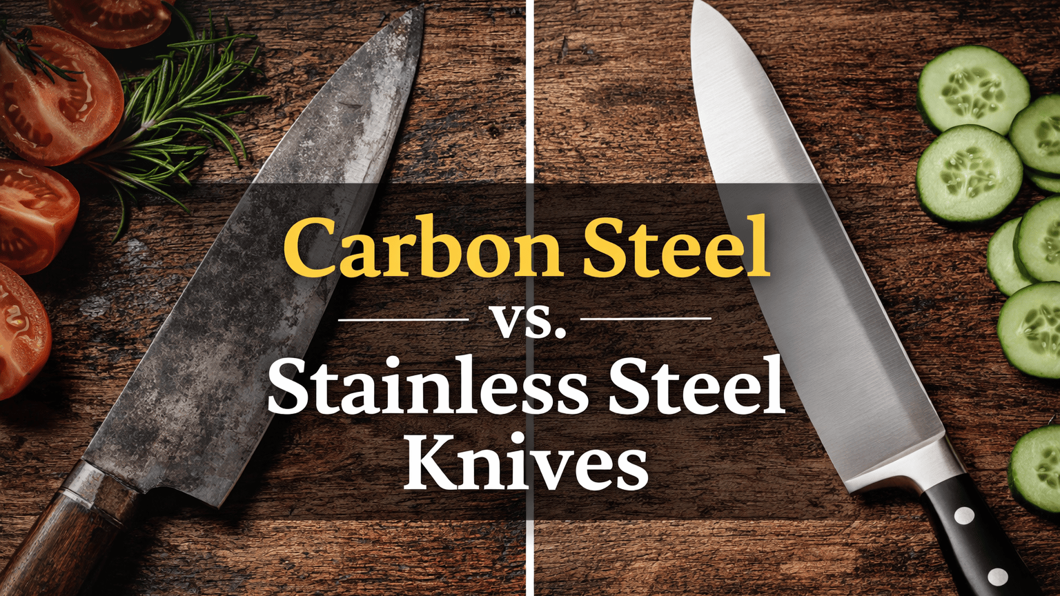 Carbon steel vs stainless steel knives comparison showing two chef knives on a wooden surface with ingredients, highlighting differences in blade appearance and performance.