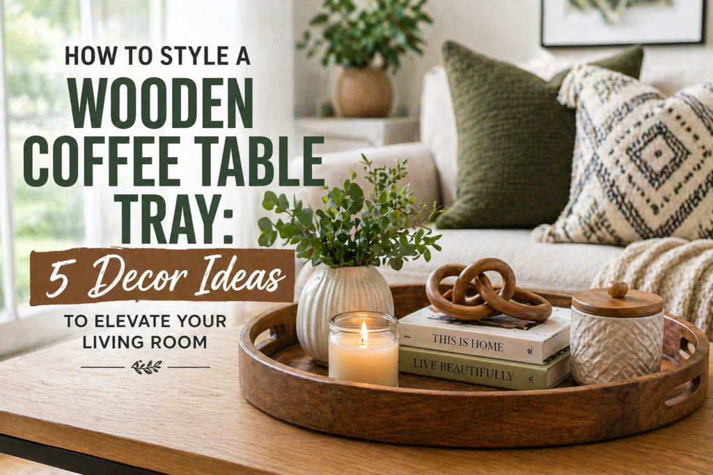 Wooden coffee table tray styled with candle, books, and greenery in a cozy living room, showing decor ideas to elevate modern home interior design