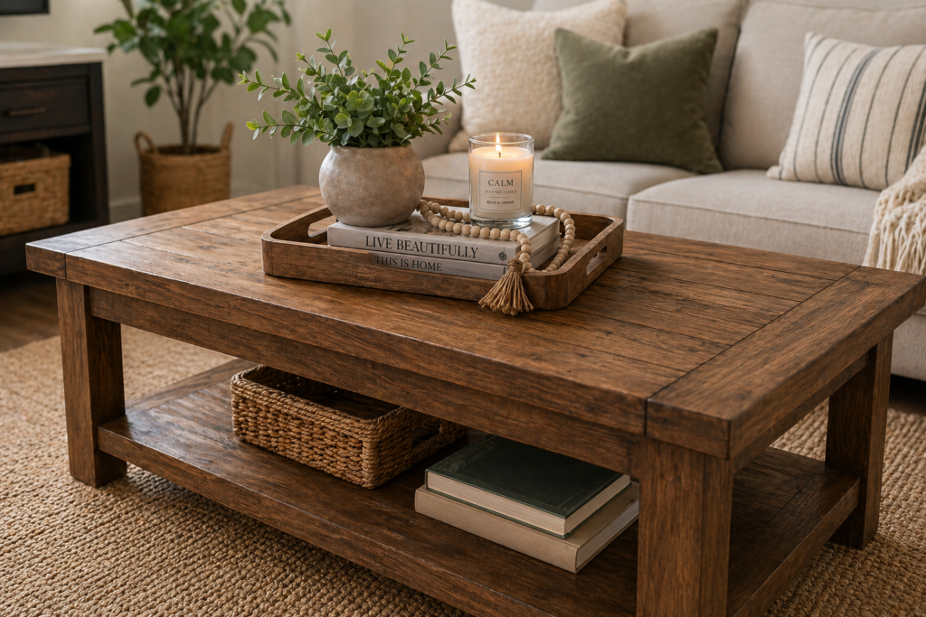 Wooden coffee table with decorative tray, candle, books, and plant in a cozy modern living room