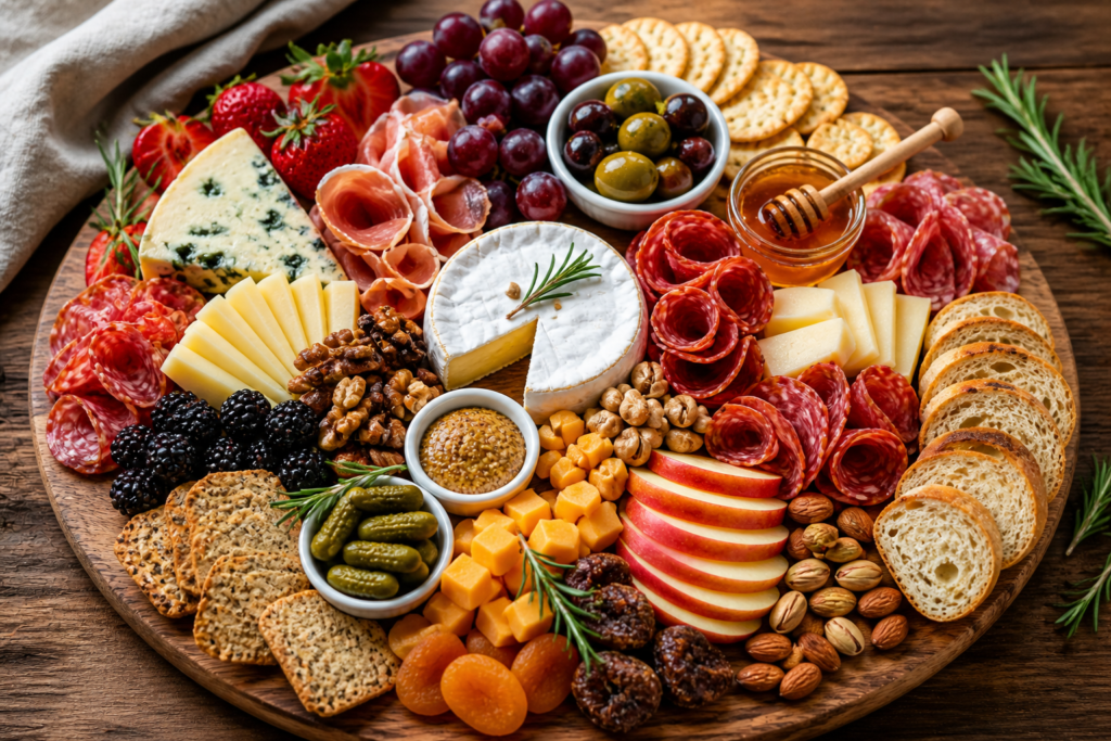 Beautiful charcuterie board with salami, brie cheese, grapes, crackers, nuts, honey, and fresh fruits arranged on a rustic wooden tray